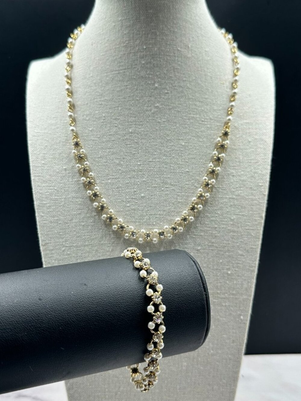 Vintage Lady Remington Necklace Bracelet Set Gold Tone Faux Pearl Rhinestone